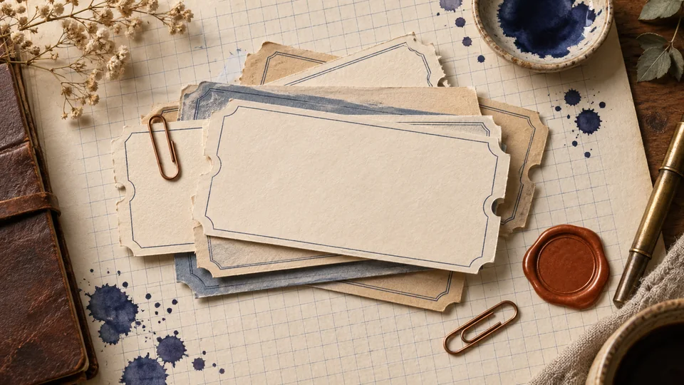 Cream graph paper desk with stacked blank ticket-stub cards, copper paperclips and a rust wax seal, no people